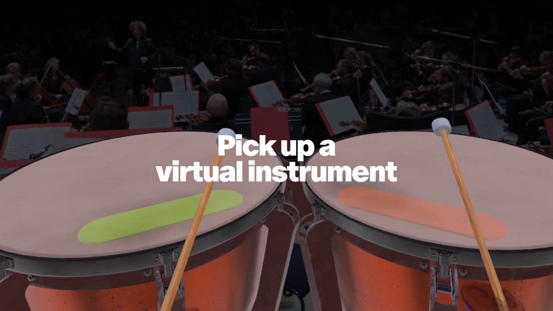 Inside the experience: virtual timpani in front of the orchestra, with the prompt 