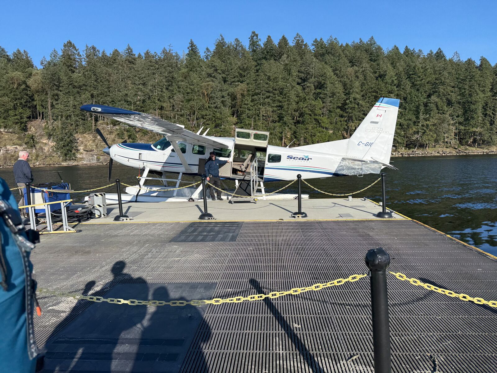 A small floatplane moored at a wooden dock, with forest behind.