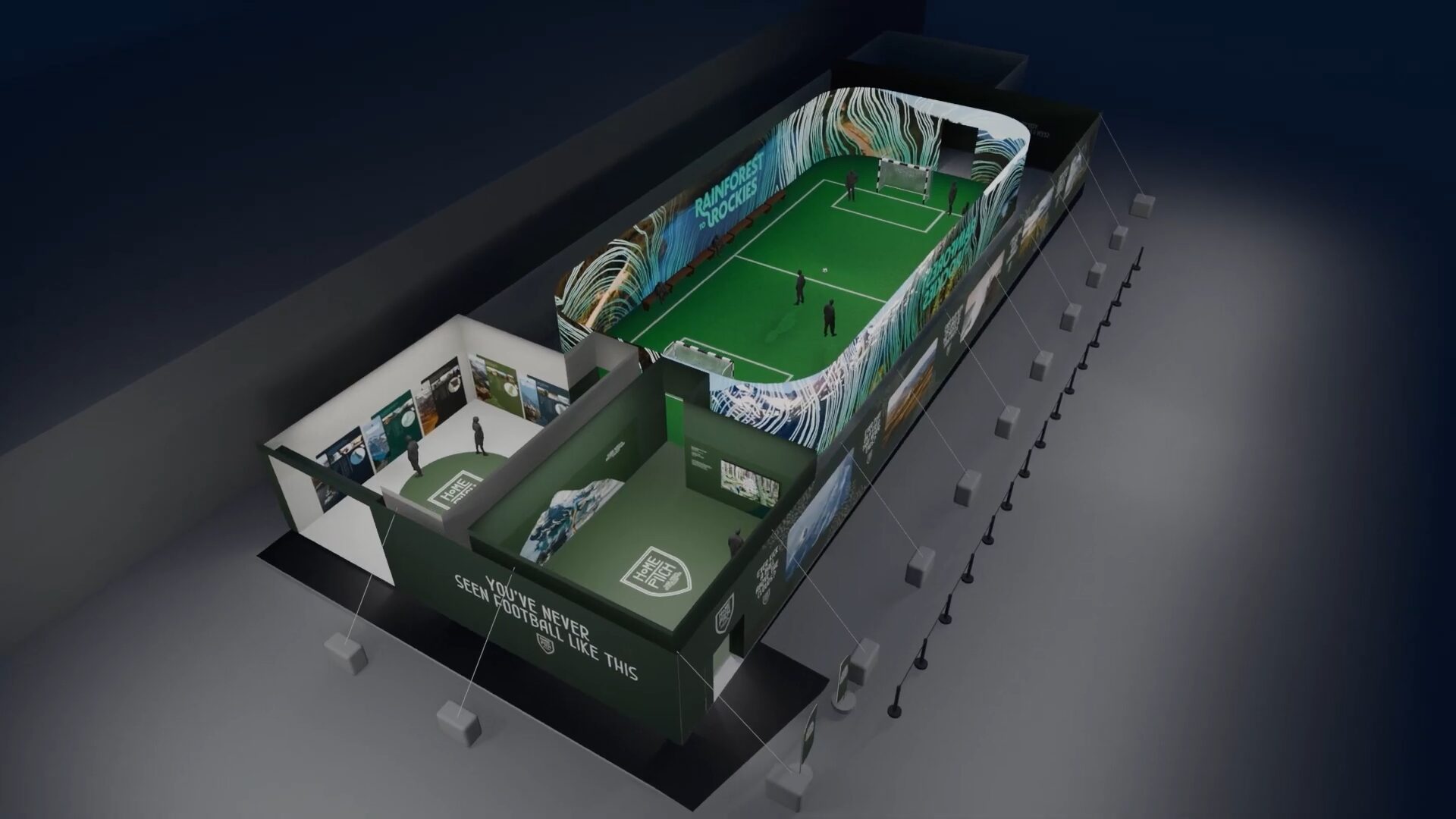 A 3D render of the Home Pitch tent, showing the five-a-side pitch wrapped in LED screens.